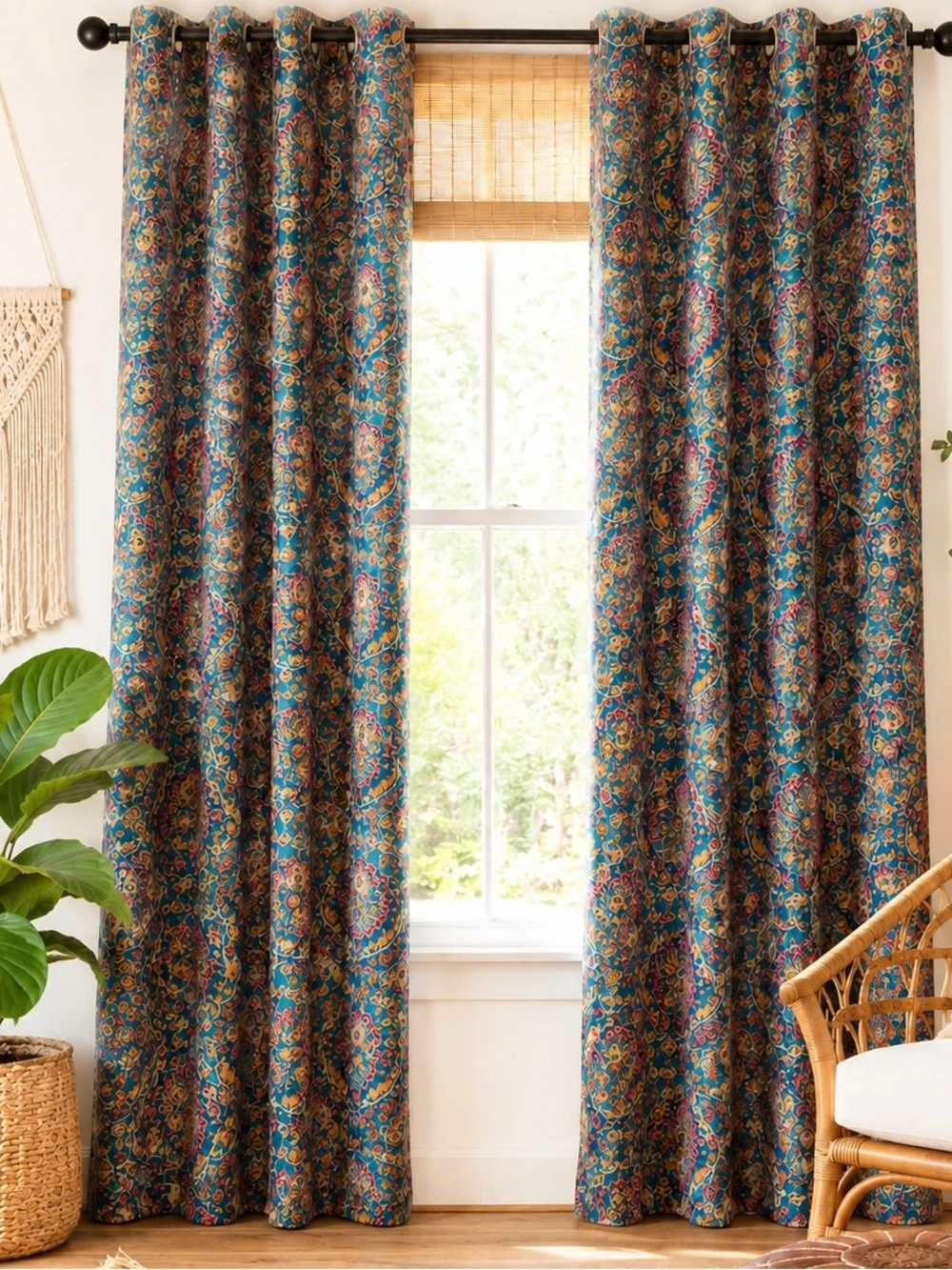 Pair Pier 1 Imports Ankari Teal Grommet Top Medallion Curtain Panels 50”x 84”